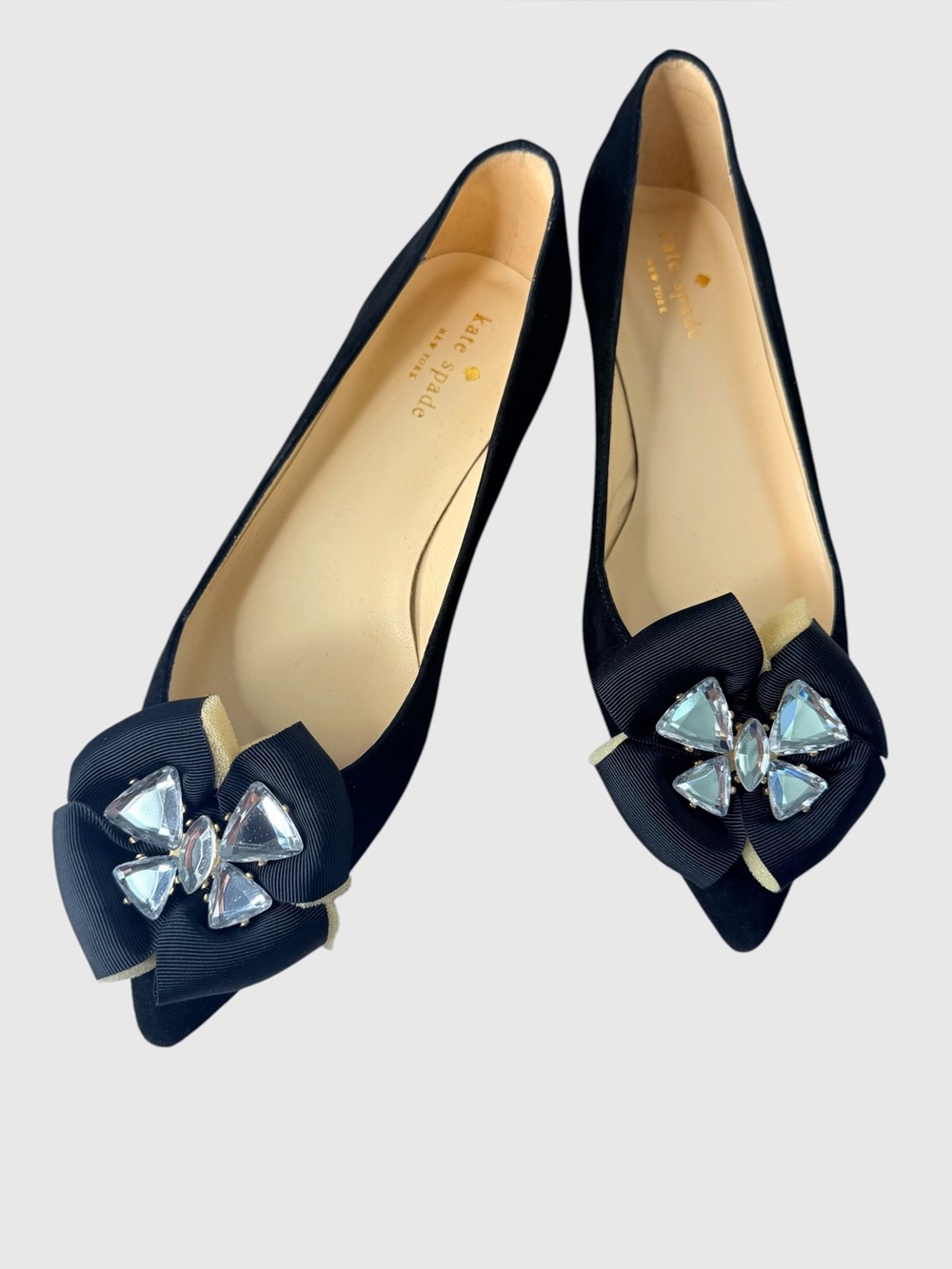 Kate Spade black suede flats with grosgrain jeweled bows - Picture 3 of 9
